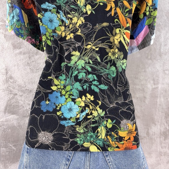 Johnny Was Nero Sequence Polo Shirt Womens Size Medium Black Floral Viscose - Picture 8 of 10